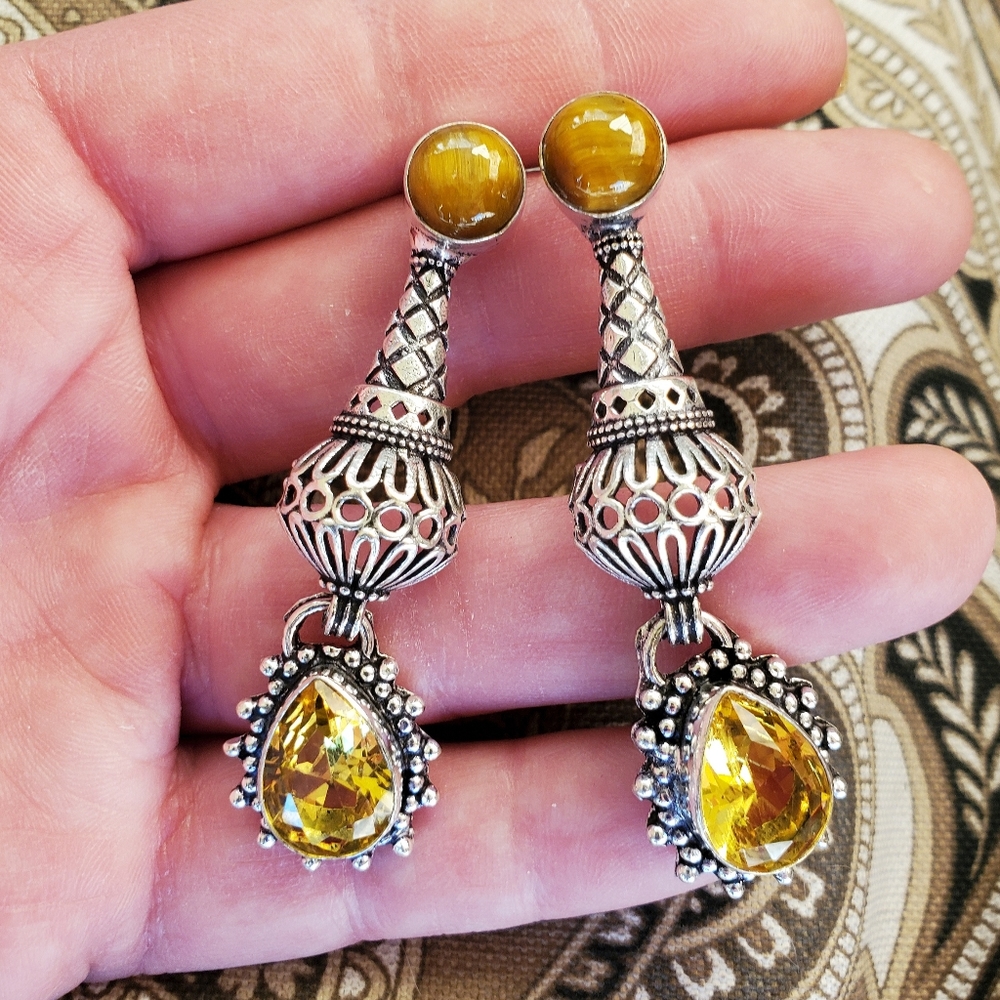 New Tiger Eye & Citrine 925 Silver Stud Earrings.